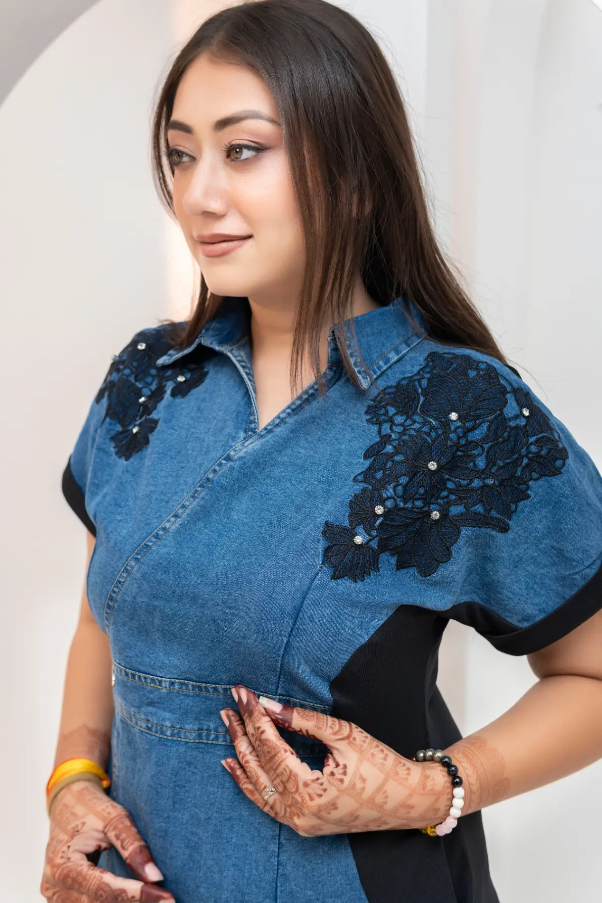 High-Low Denim Midi Dress with Lace Shoulder Accents