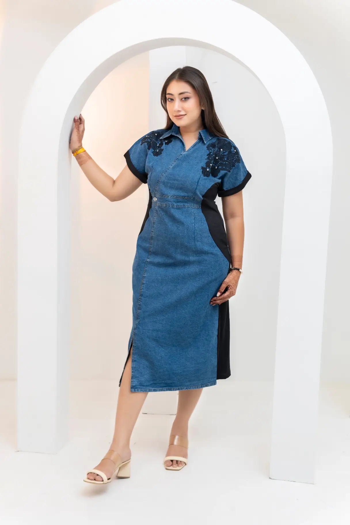 High-Low Denim Midi Dress with Lace Shoulder Accents view 2