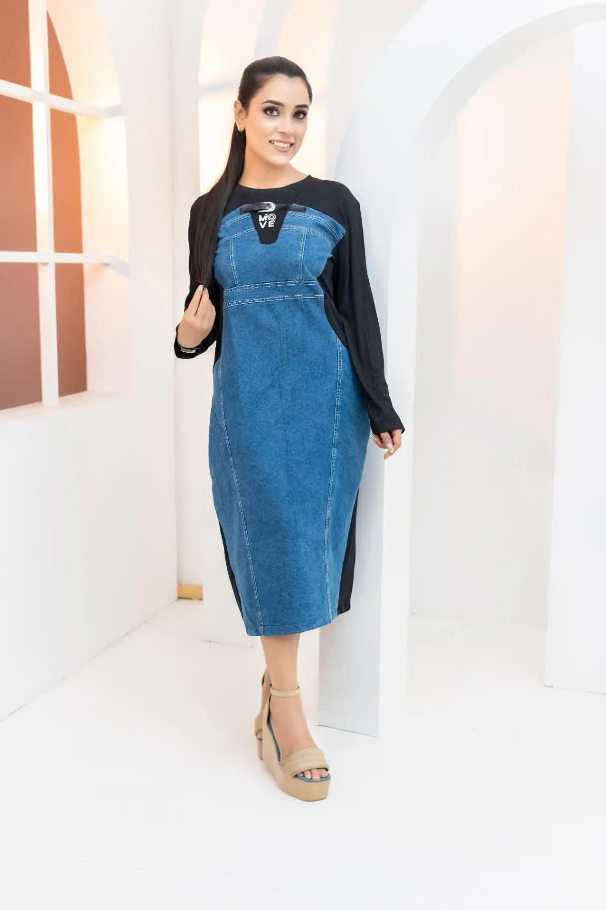 Mixed-Media Denim Jumper Midi Dress with Layered Knit Bodice