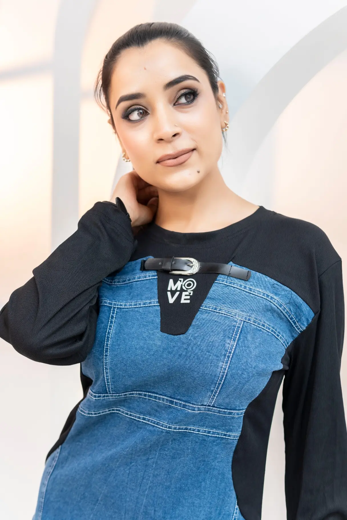 Mixed-Media Denim Jumper Midi Dress with Layered Knit Bodice view 2