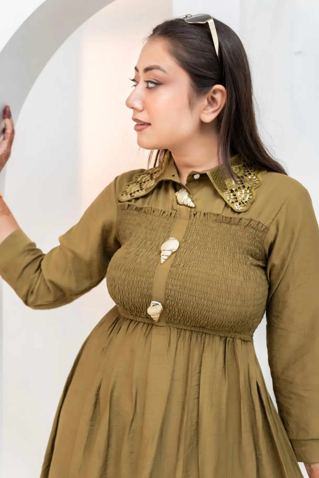 Olive Green Smocked Midi Dress with Embroidered Collar