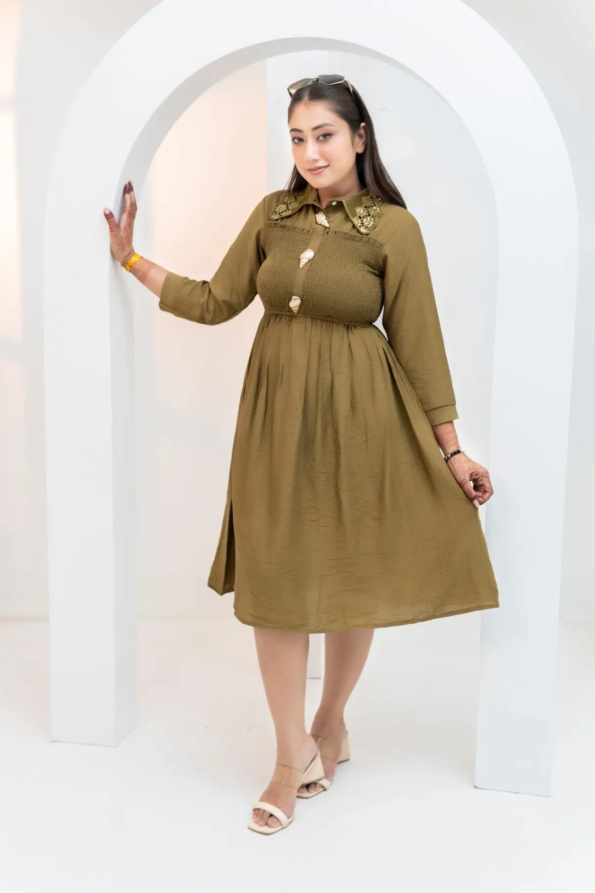Olive Green Smocked Midi Dress with Embroidered Collar view 2