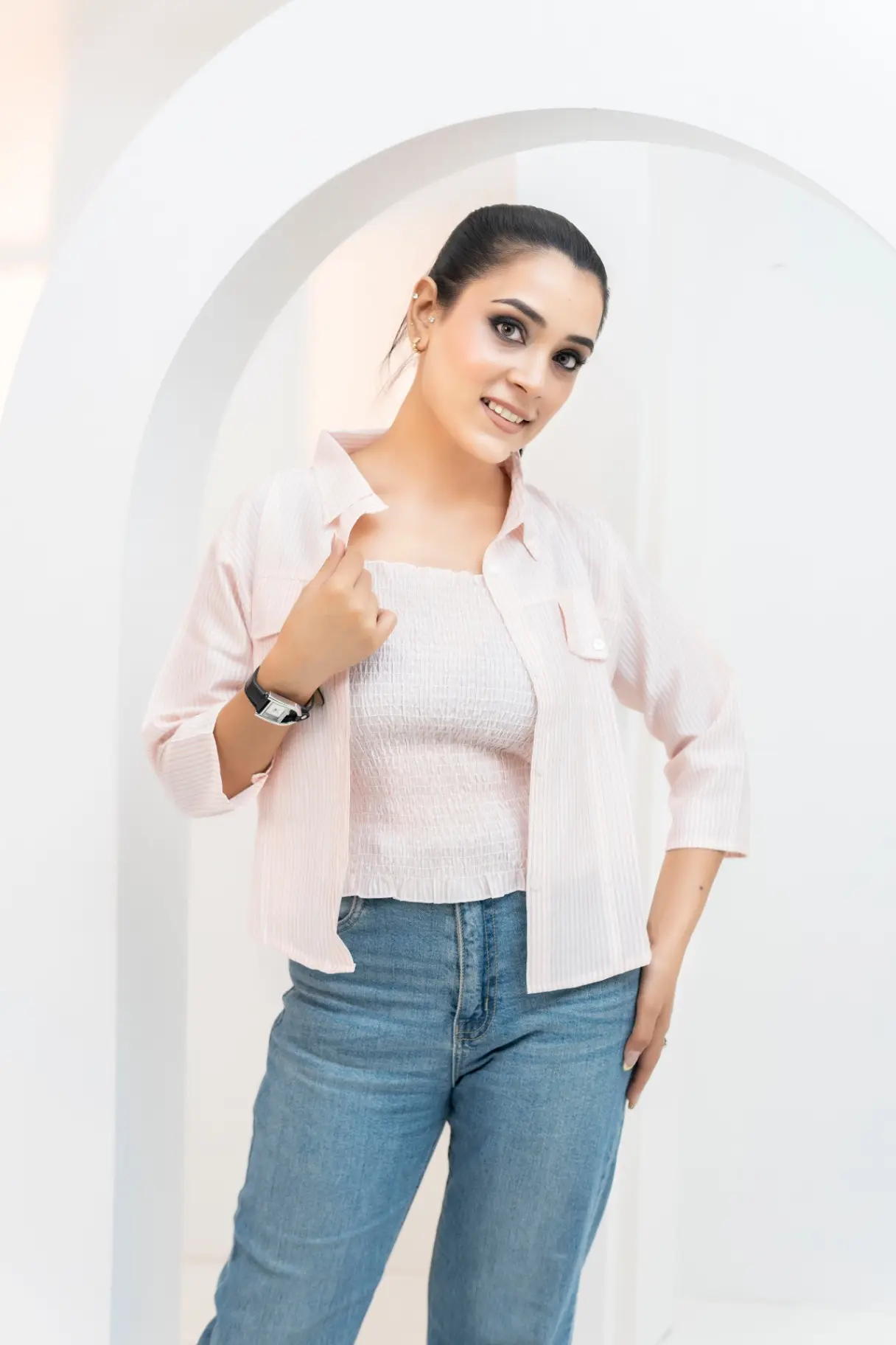Pastel Pink Micro-Striped Smocked Crop Top and Overshirt Set view 2