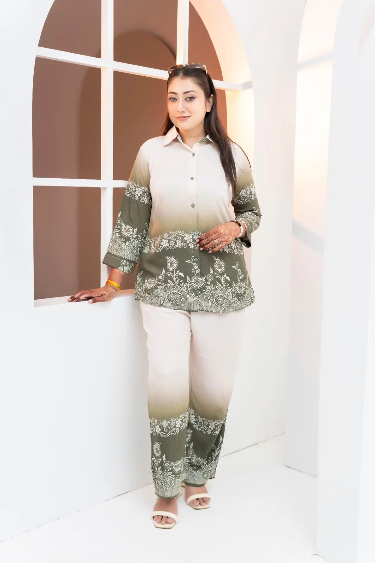 Cream and Olive Ombre Co-ord Set with Botanical Border