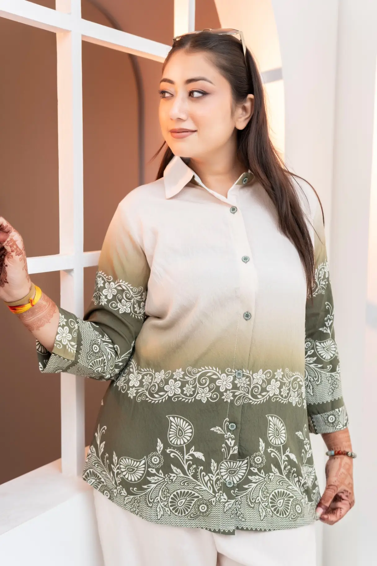 Cream and Olive Ombre Co-ord Set with Botanical Border view 2