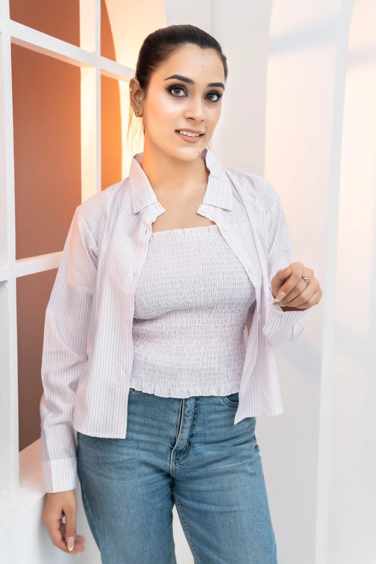Pastel Lilac Micro-Striped Smocked Crop Top and Overshirt Set view 2