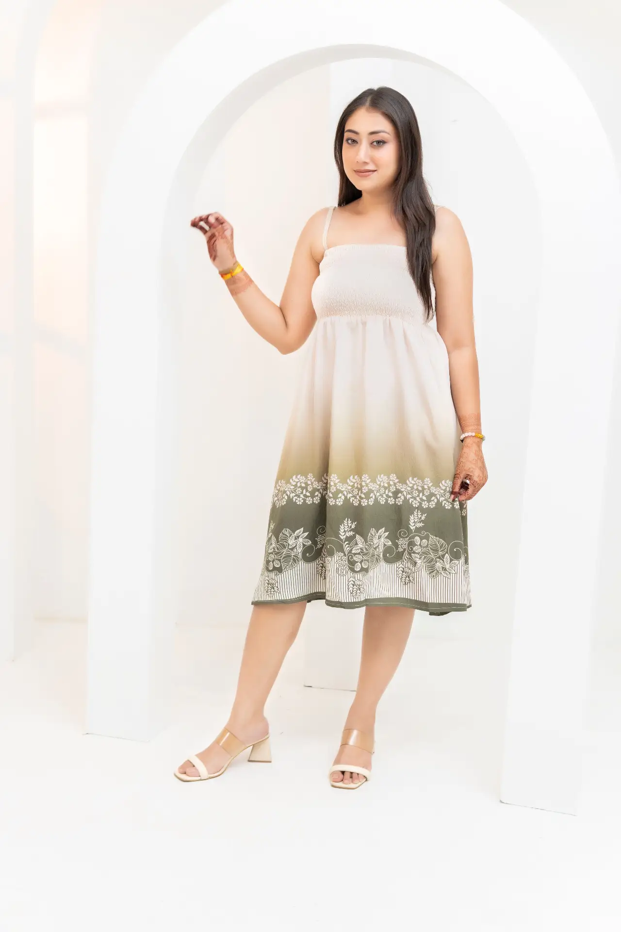 Cream and Olive Ombre Smocked Midi Dress with Botanical Border