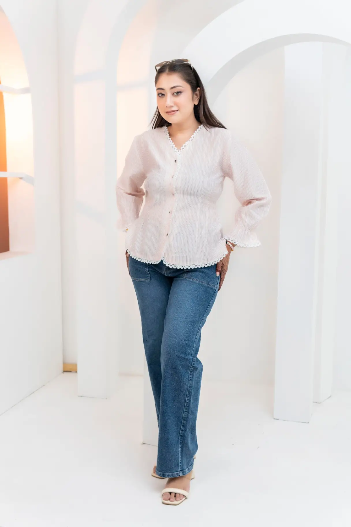 Pastel Pink Striped Peplum Top with Scalloped Lace Trim