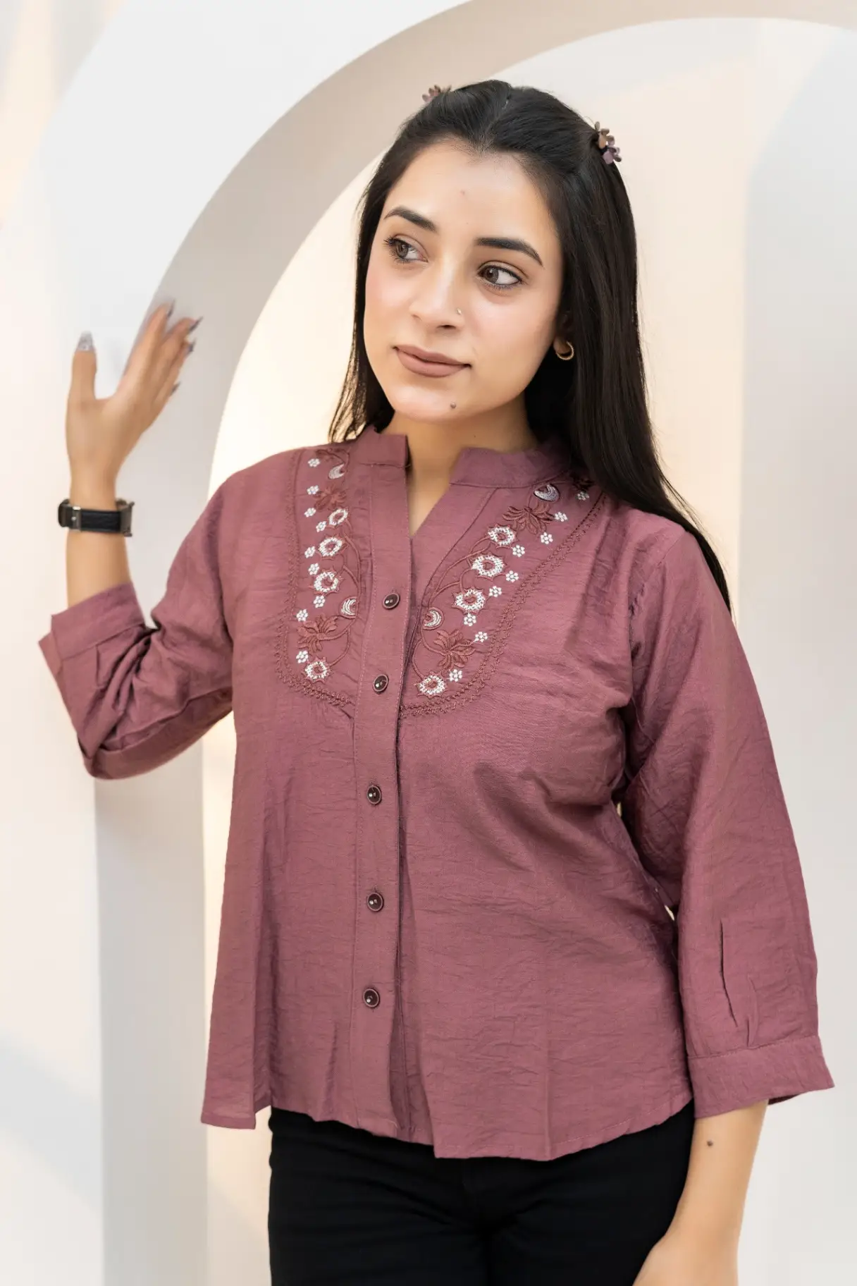 Textured Mauve Top with Mixed Floral Embroidery view 2