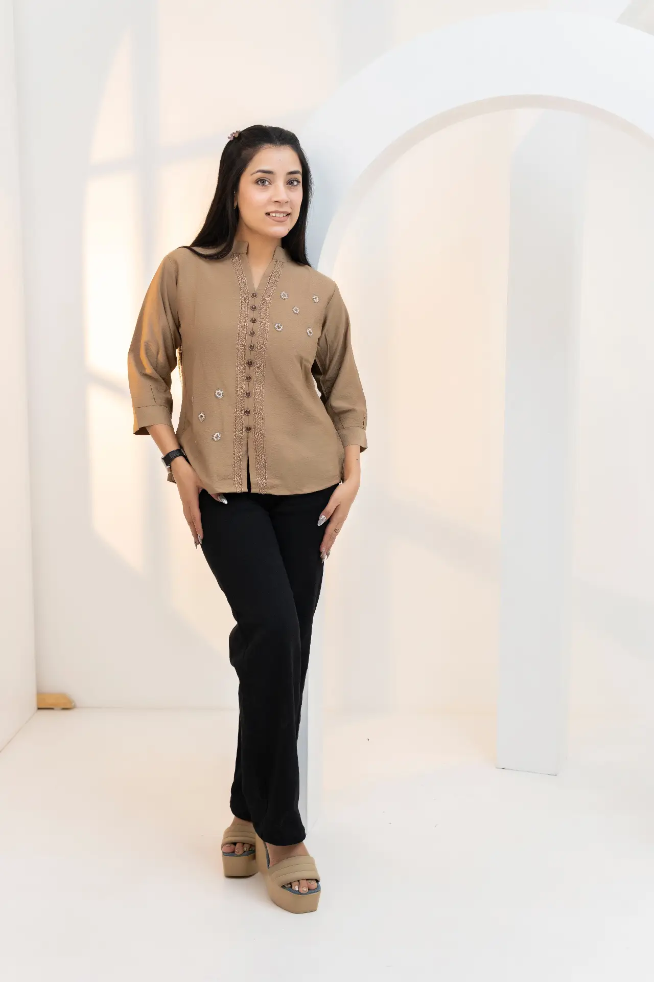 Khaki Top with Embroidered Trim and Floral Motifs