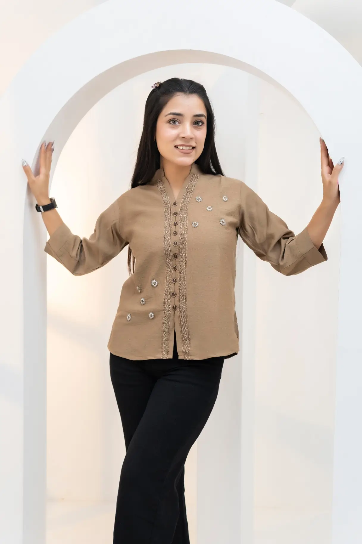Khaki Top with Embroidered Trim and Floral Motifs view 2
