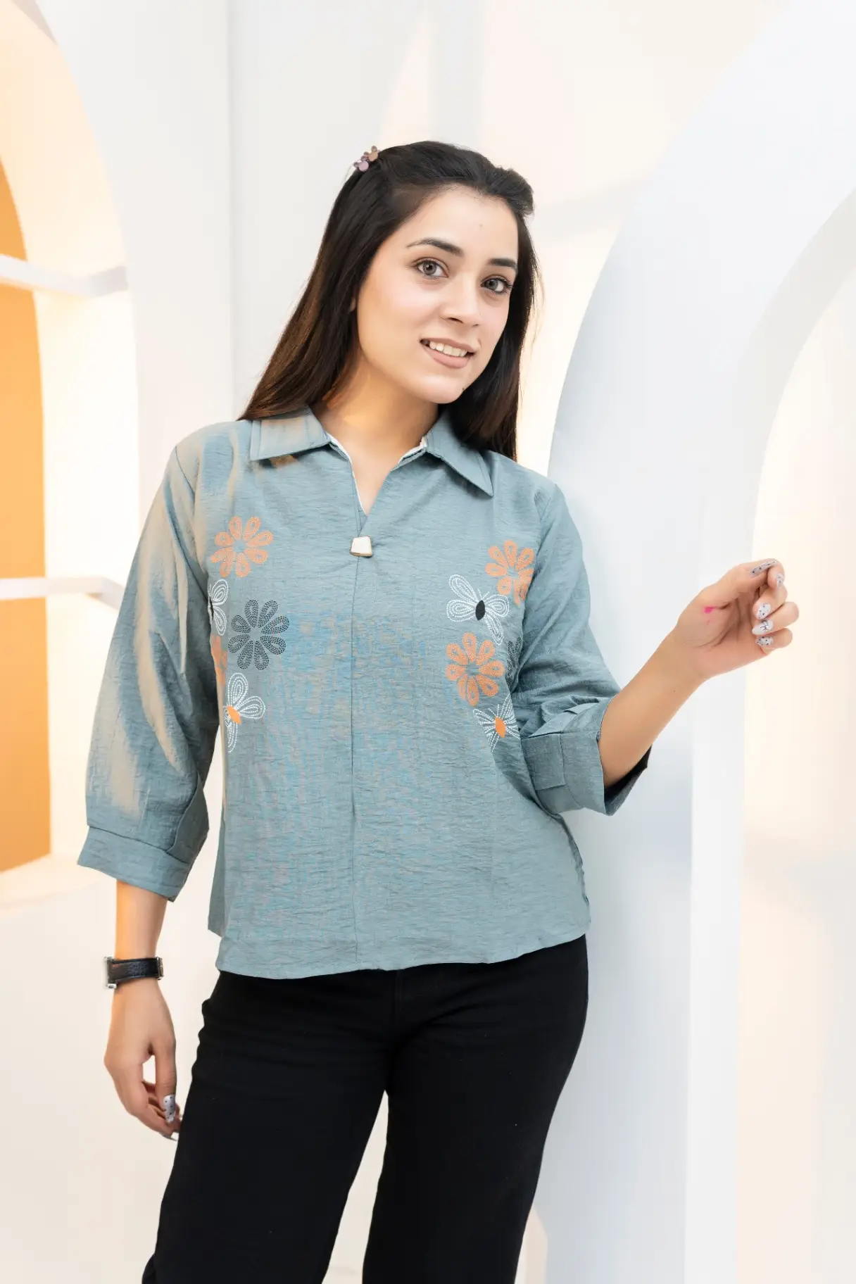 Slate Blue Shirt Top with Retro Floral Embroidery view 2