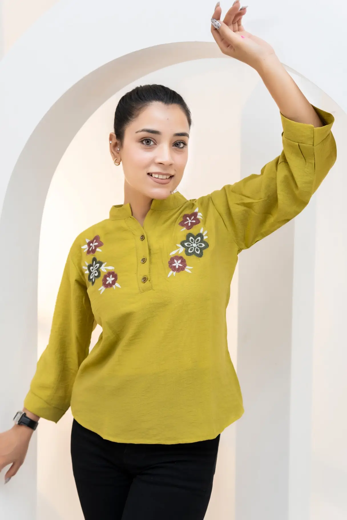 Olive-Lime Top with Botanical Chest Embroidery view 2