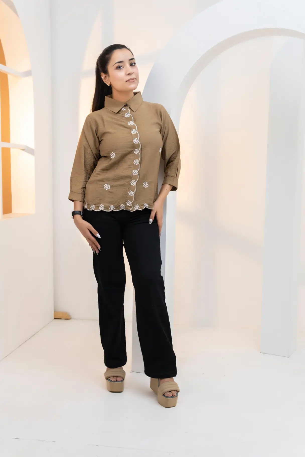 Taupe Shirt Top with Scalloped Lace Trim & Florals