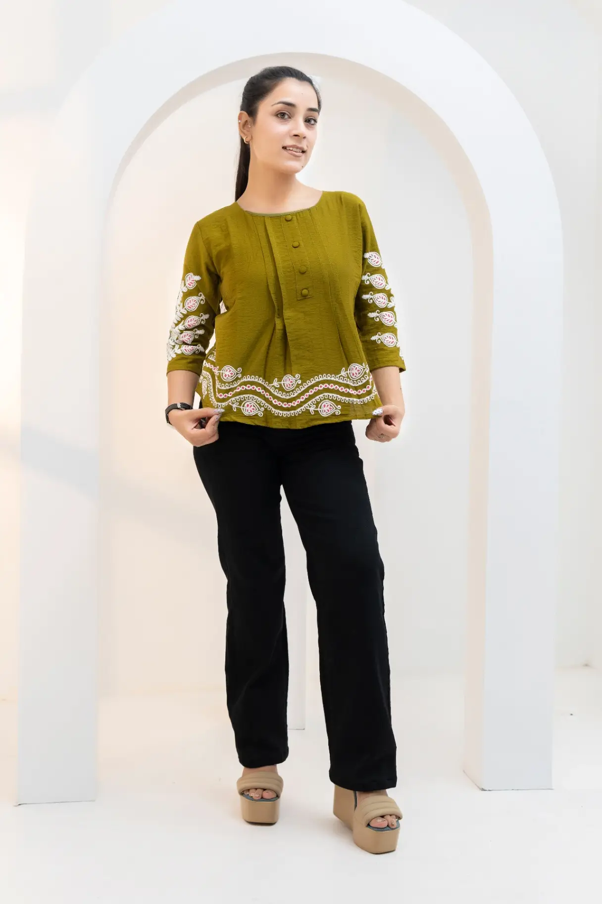 Olive Green Top with Scalloped Wave Embroidery
