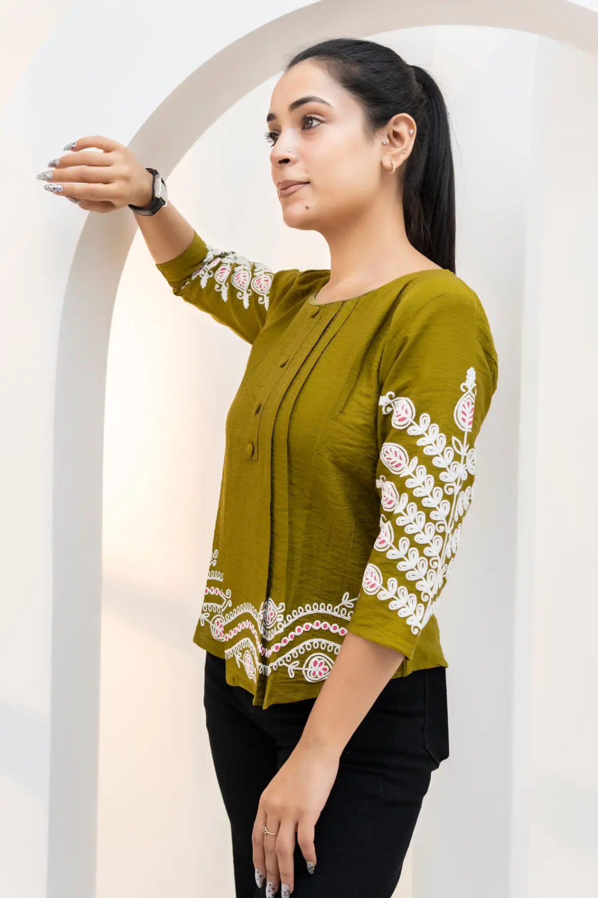 Olive Green Top with Scalloped Wave Embroidery view 2