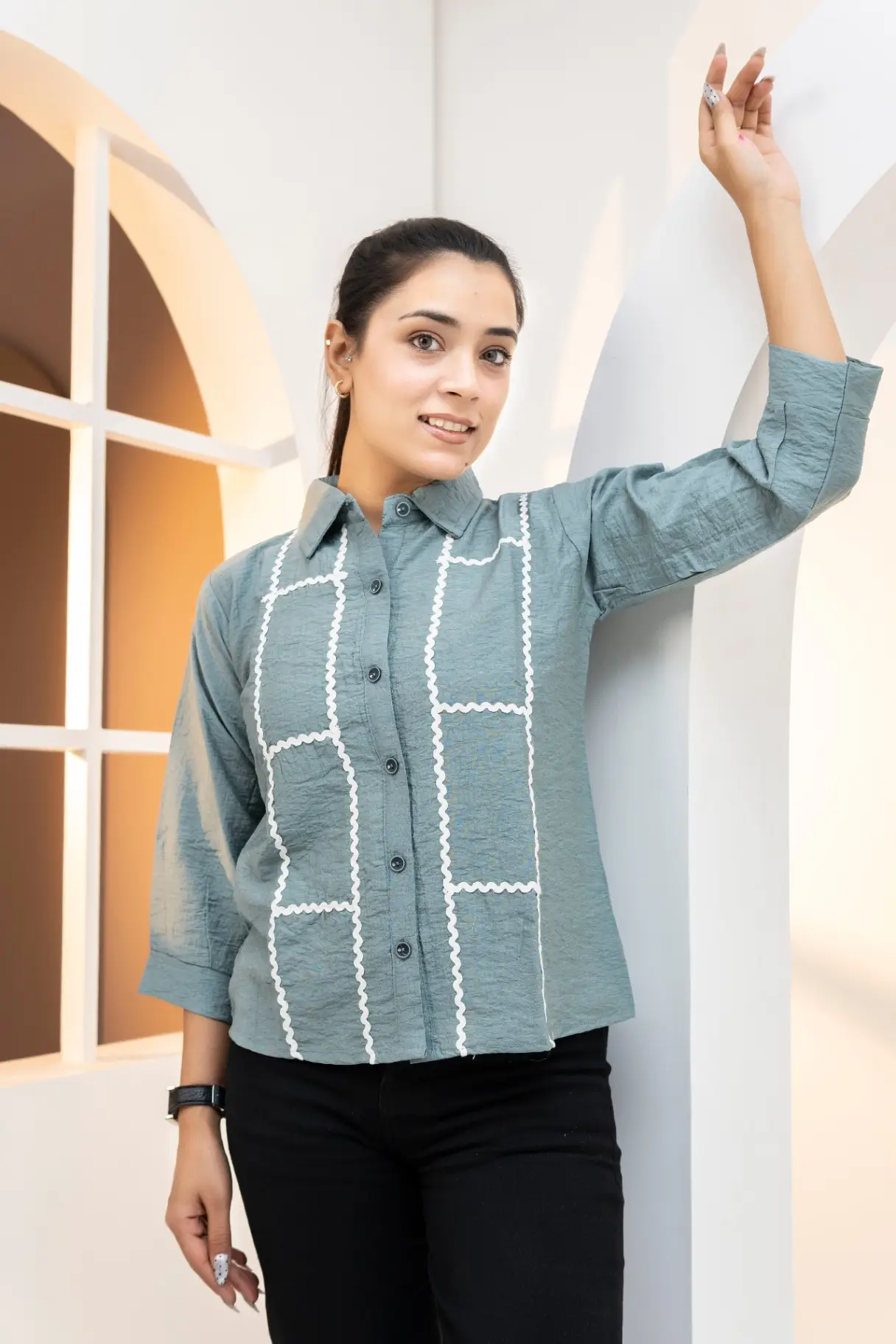 Slate Blue Button-Down Shirt  Top with Geometric Lace Panels view 2