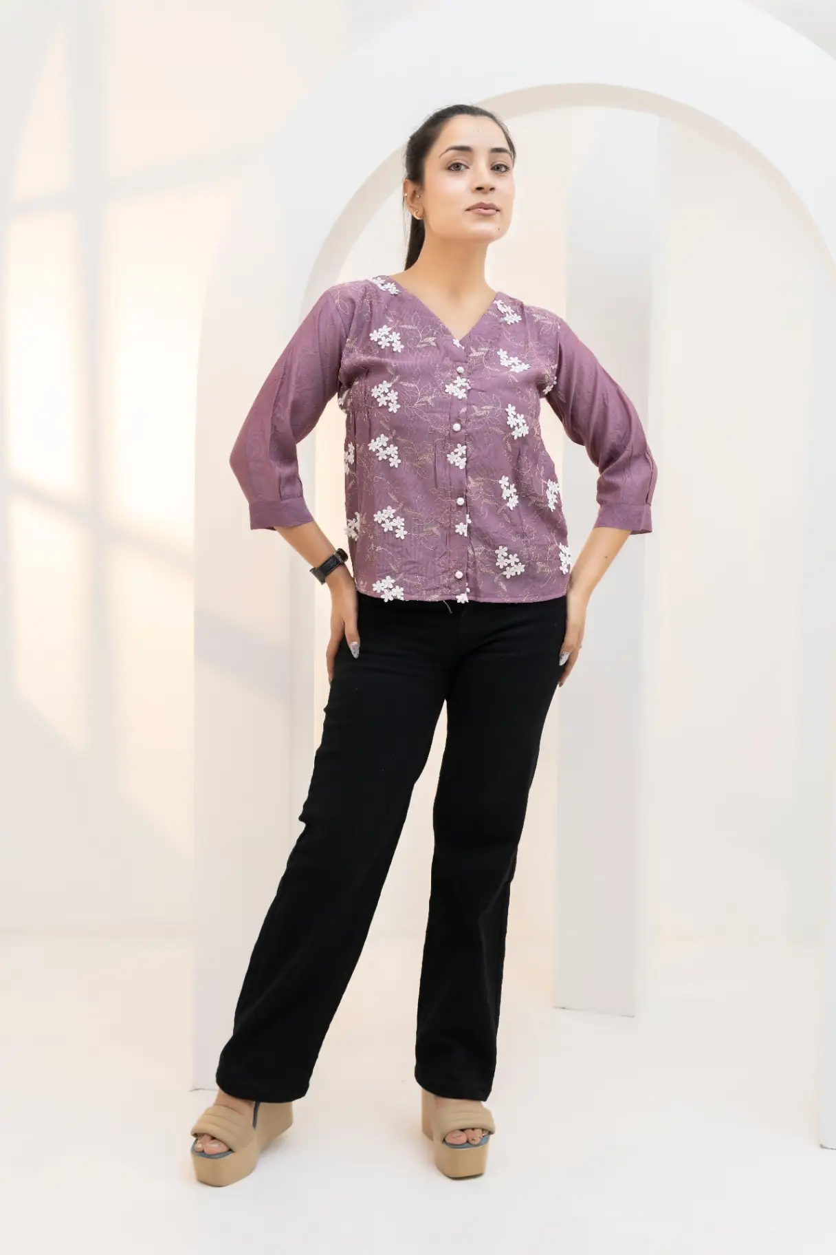 Mauve V-Neck Top with Scattered Floral Bouquet Embroidery