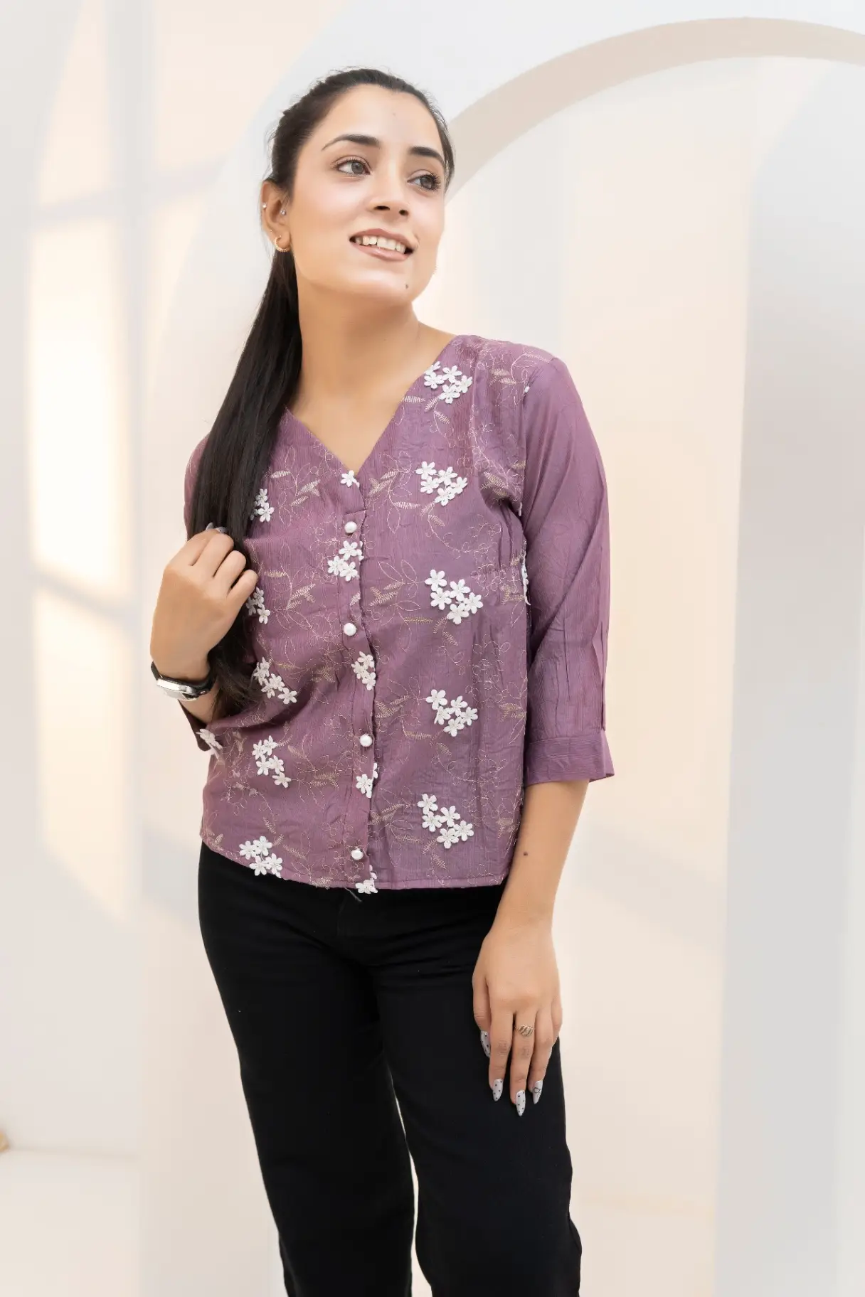 Mauve V-Neck Top with Scattered Floral Bouquet Embroidery view 2