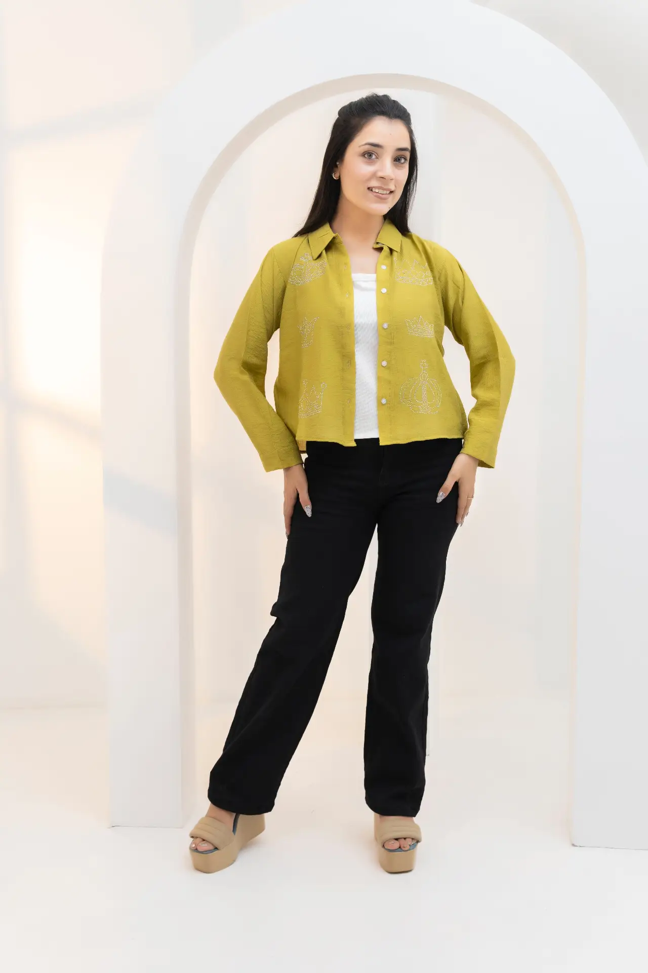 Olive-Lime Open-Front Shacket with Rhinestone Motifs Top