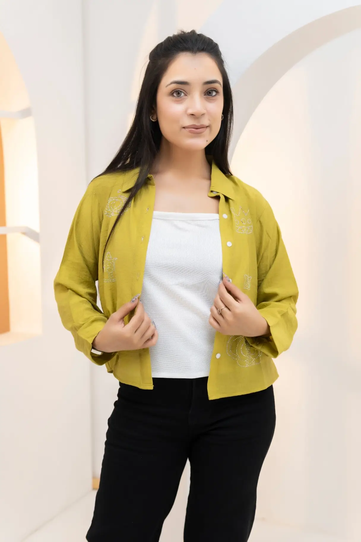 Olive-Lime Open-Front Shacket with Rhinestone Motifs Top view 2