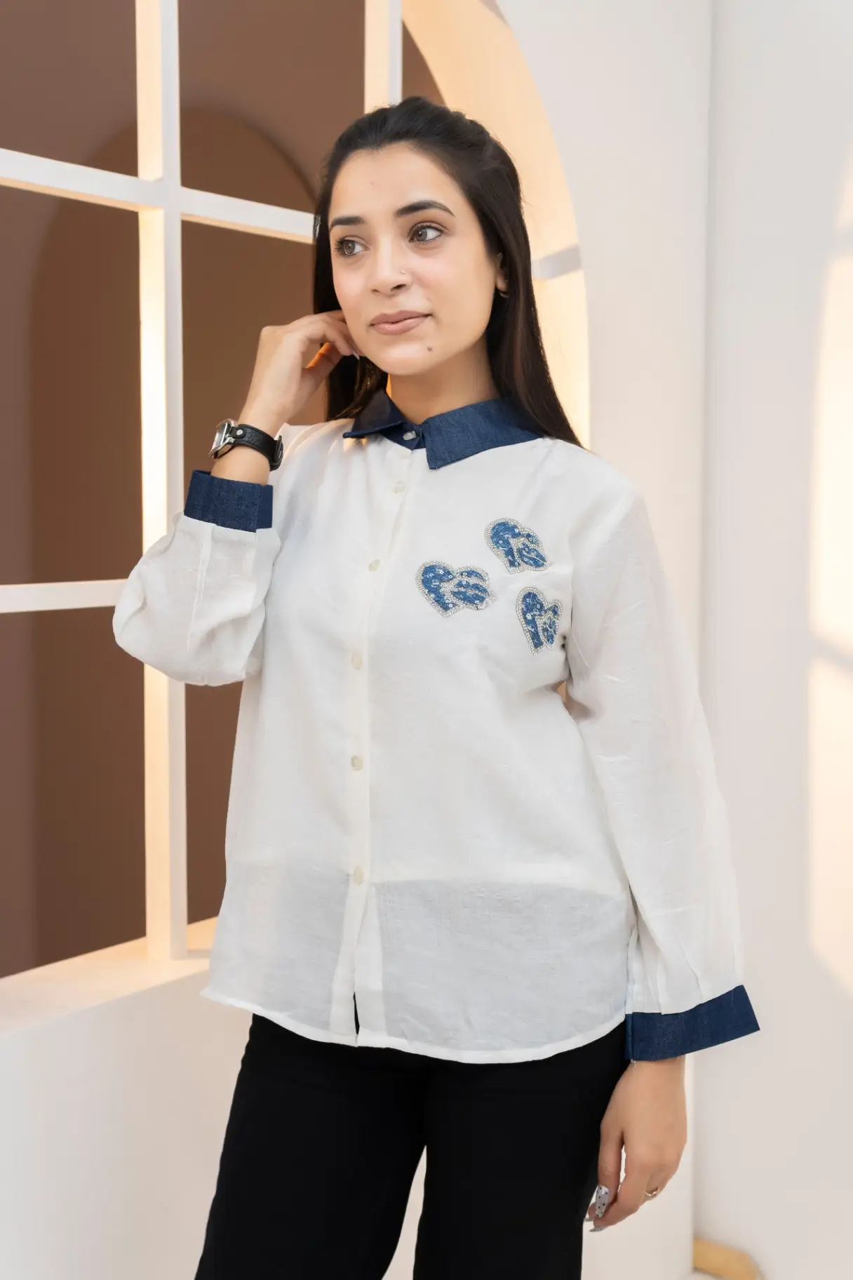 Ivory White Crinkle Shirt with Contrast Denim Collar view 2