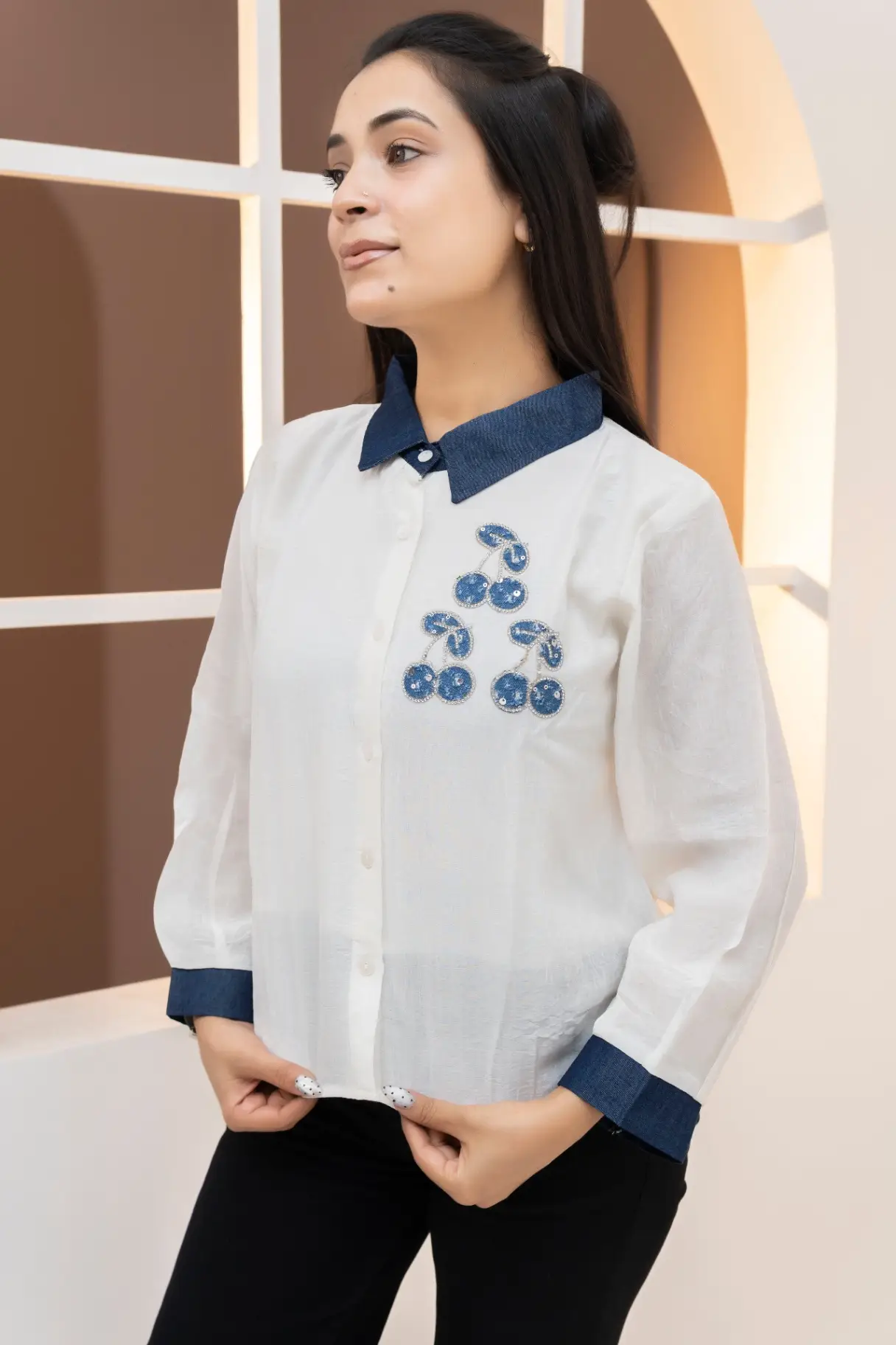 Two-Tone White Button-Down Top with Blue Denim Accents view 2