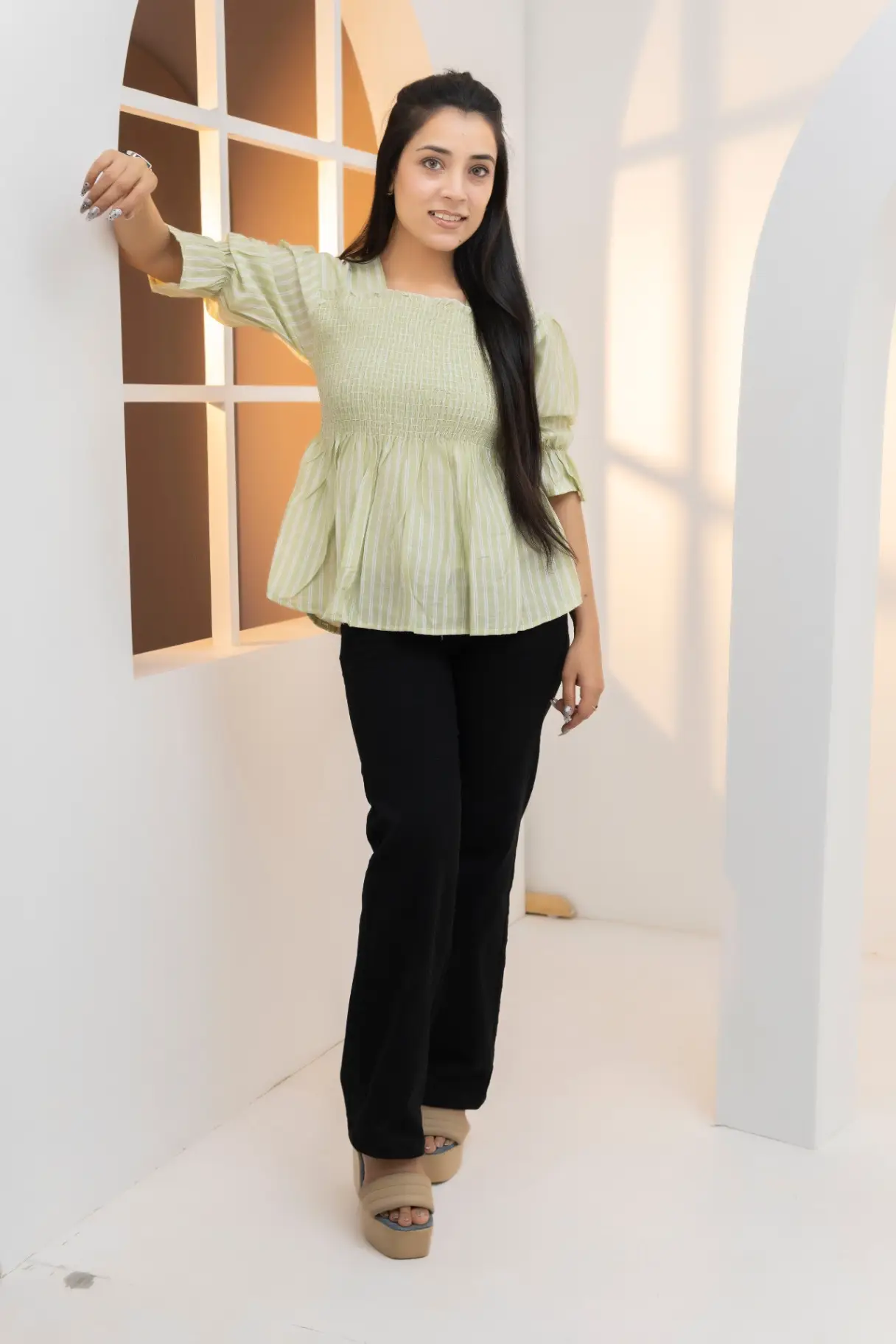 Sage Green Vertical Striped Smocked Peplum Top