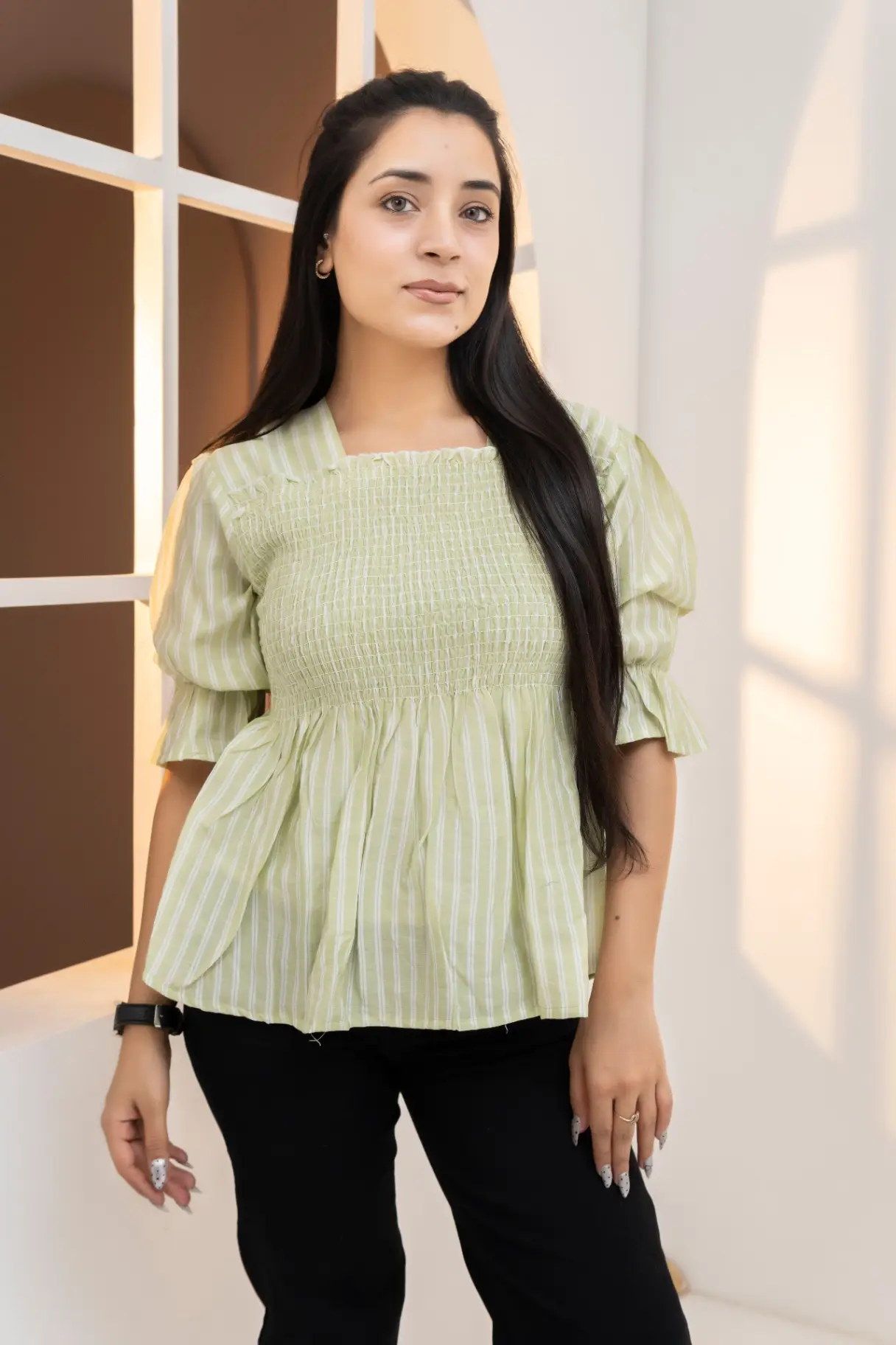 Sage Green Vertical Striped Smocked Peplum Top view 2