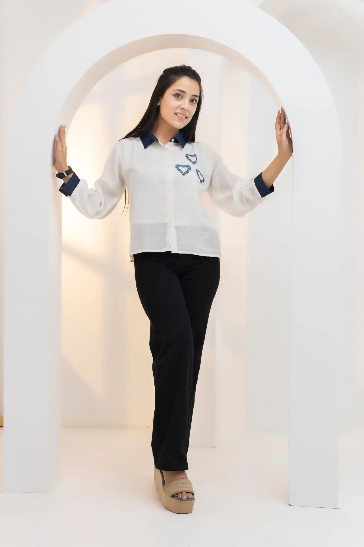 Ivory White Crinkle Shirt Top with Contrast Denim Collar & Hearts