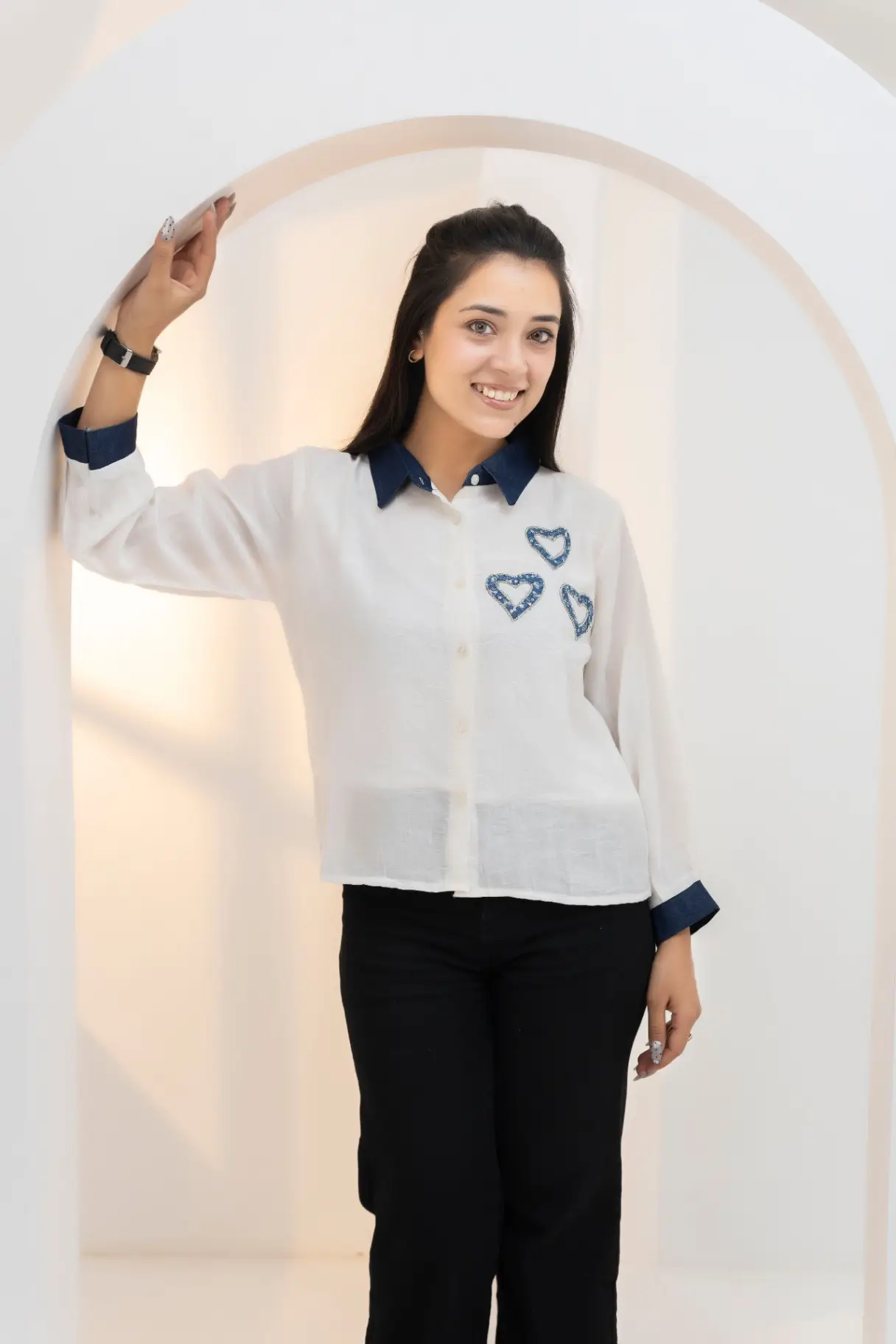 Ivory White Crinkle Shirt Top with Contrast Denim Collar & Hearts view 2