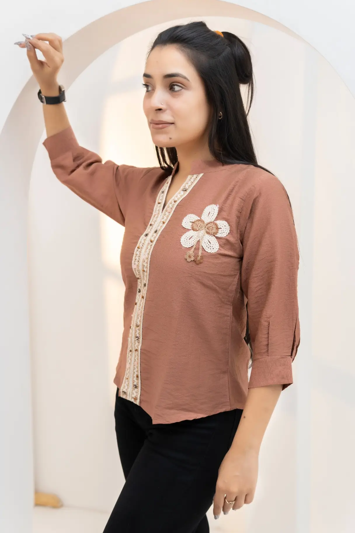 Terracotta V-Neck Top with Embroidered Placket & Floral Patch view 2