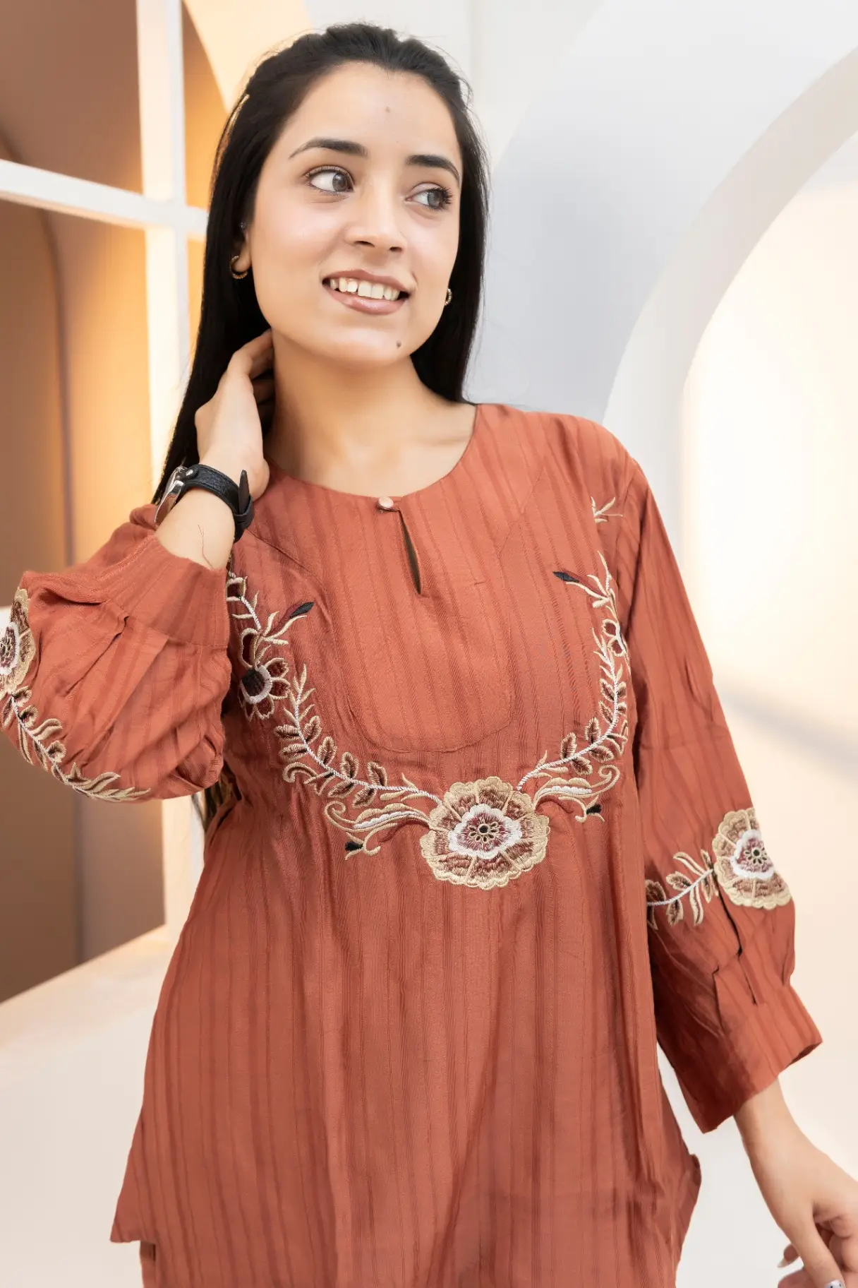 Terracotta Co-ord Set with Crescent Neckline Embroidery view 2