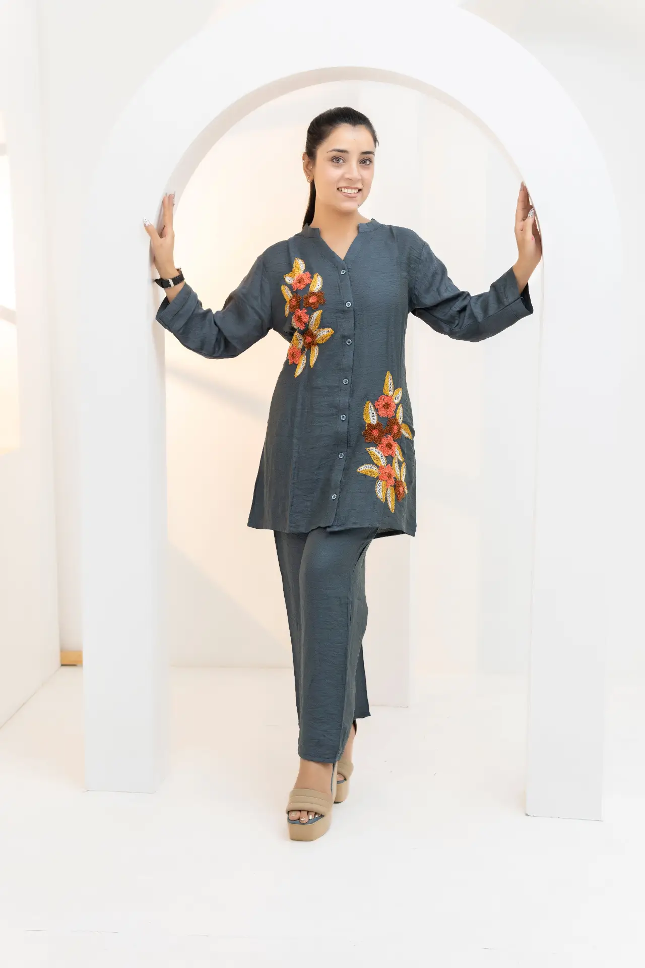 Charcoal Co-ord Set with Autumnal Floral Embroidery