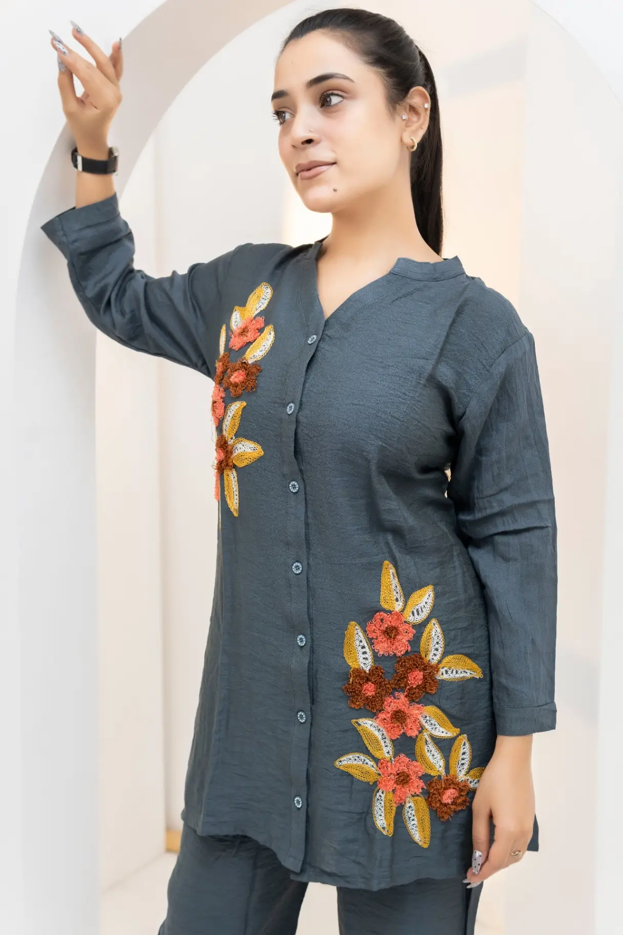 Charcoal Co-ord Set with Autumnal Floral Embroidery view 2