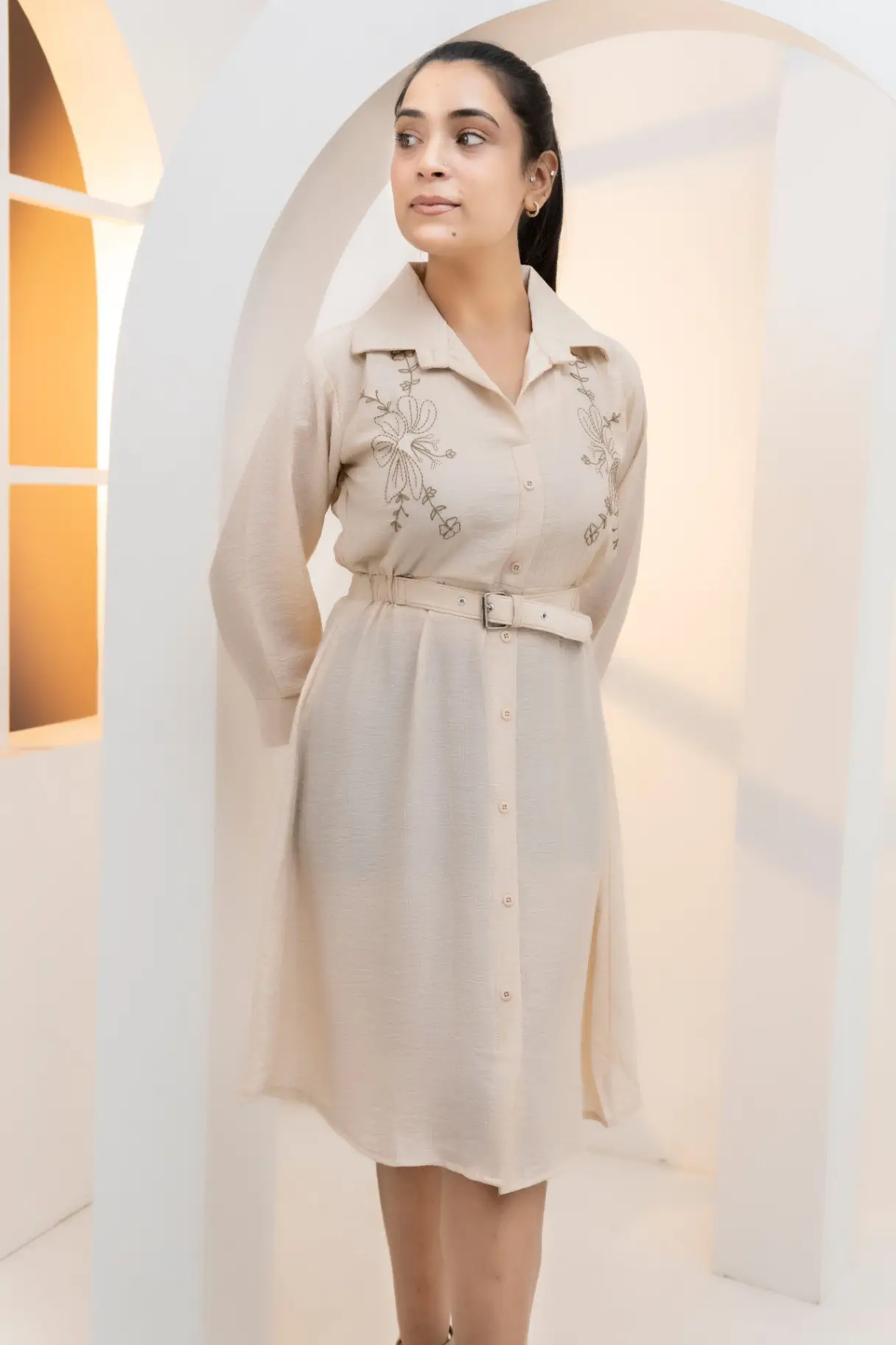 Beige Belted Shirt Midi Dress with Tonal Embroidery view 2
