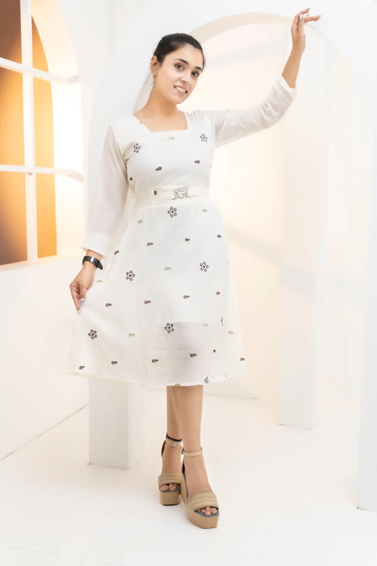 Ivory White Midi Dress with Scattered Geometric Embroidery view 3