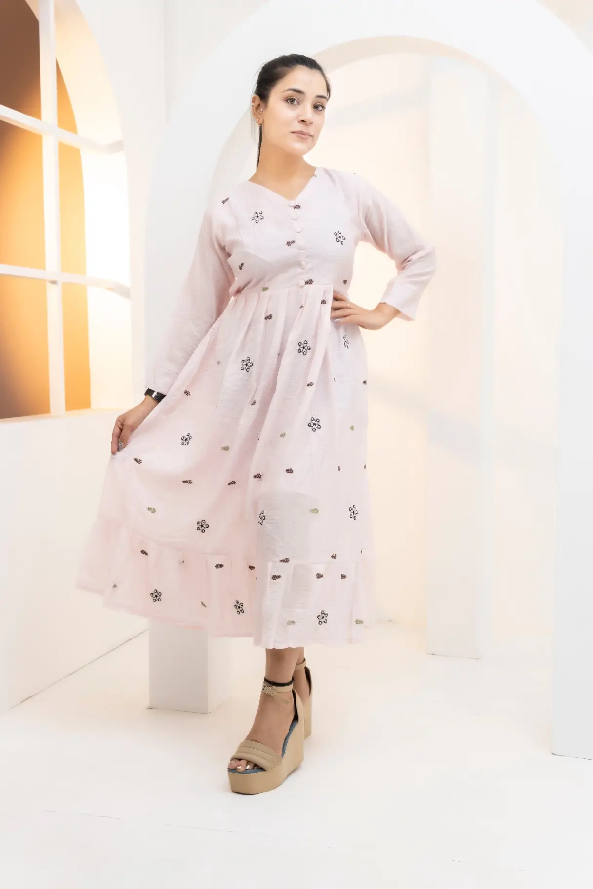 Pastel Pink Empire Waist Dress with Scattered Embroidery