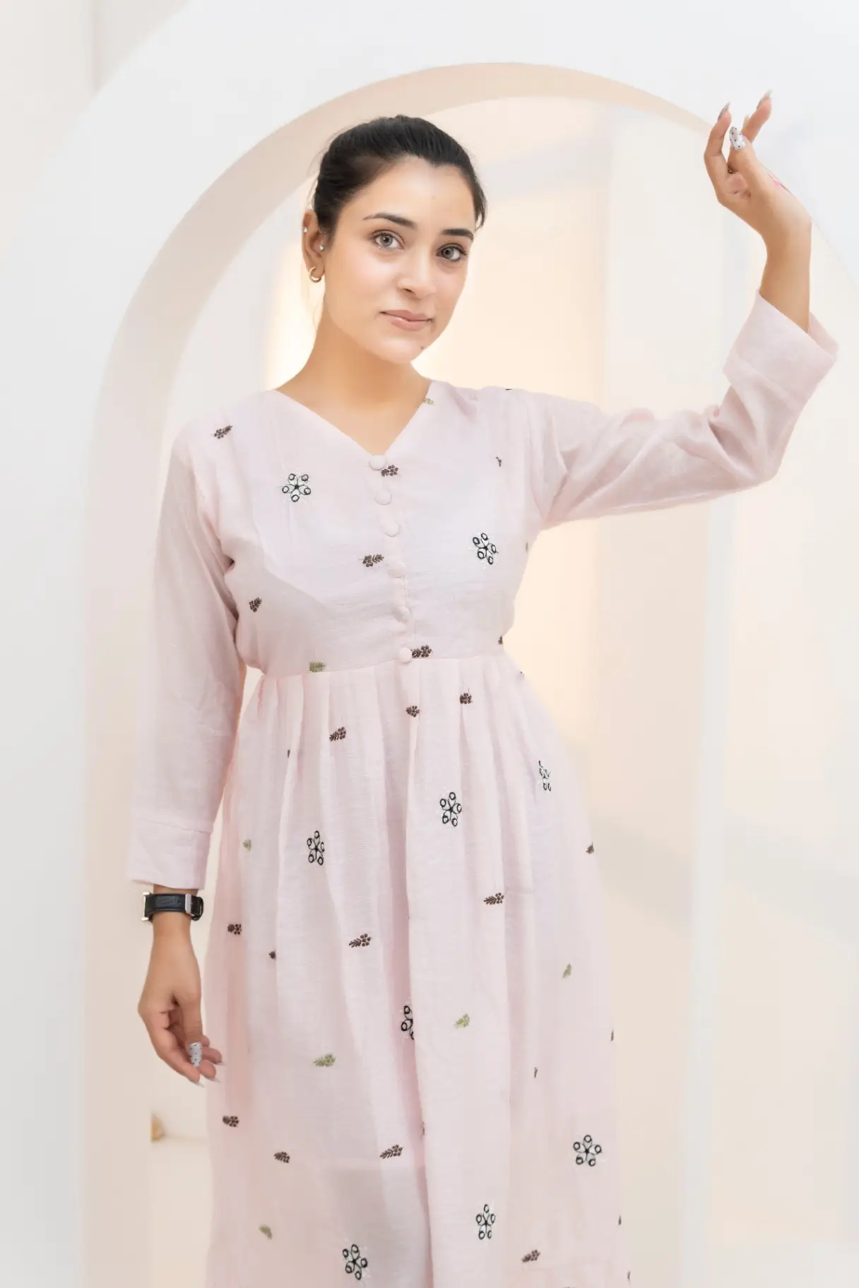 Pastel Pink Empire Waist Dress with Scattered Embroidery view 2