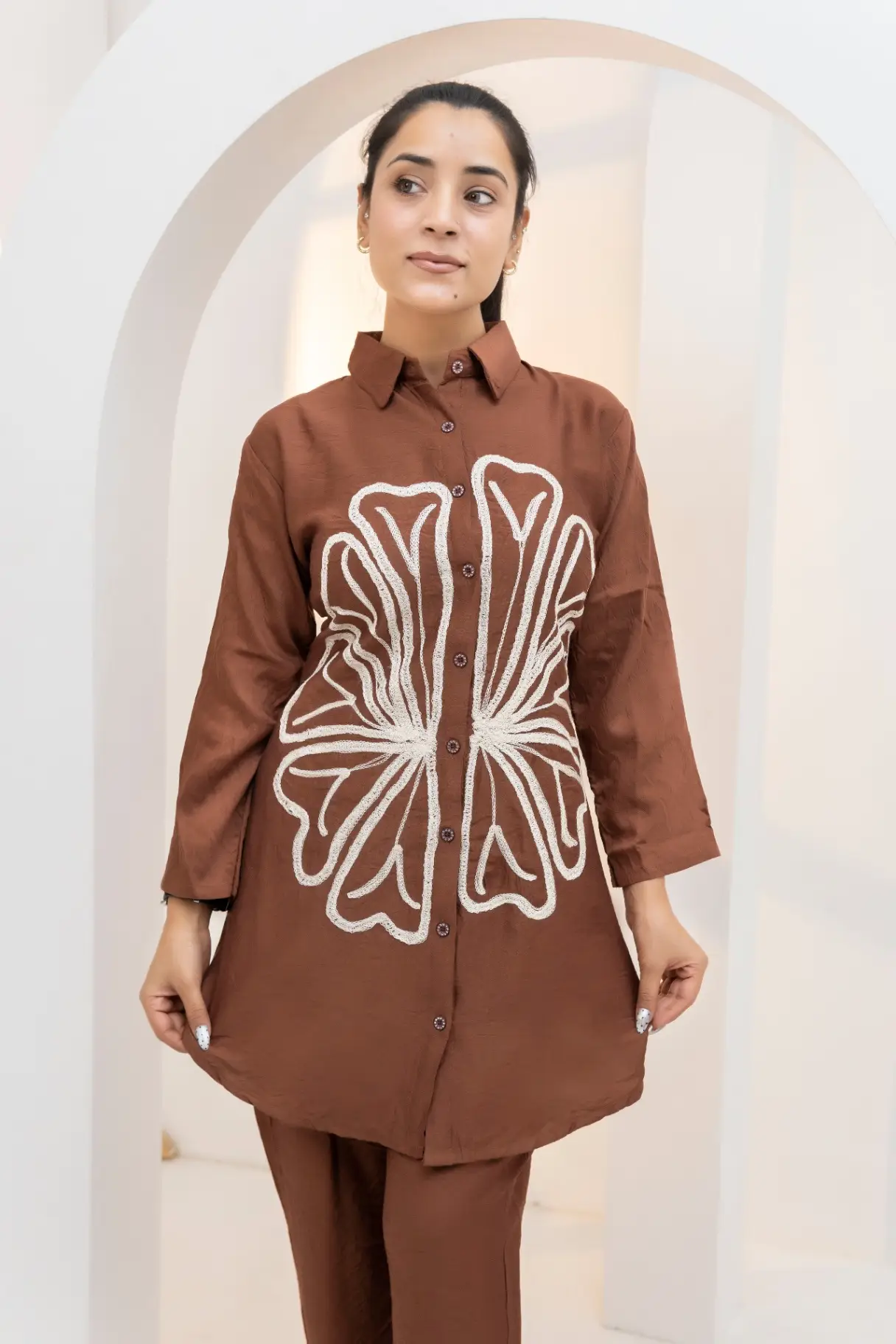 Chocolate Brown Co-ord Set with Bold Floral Applique view 2