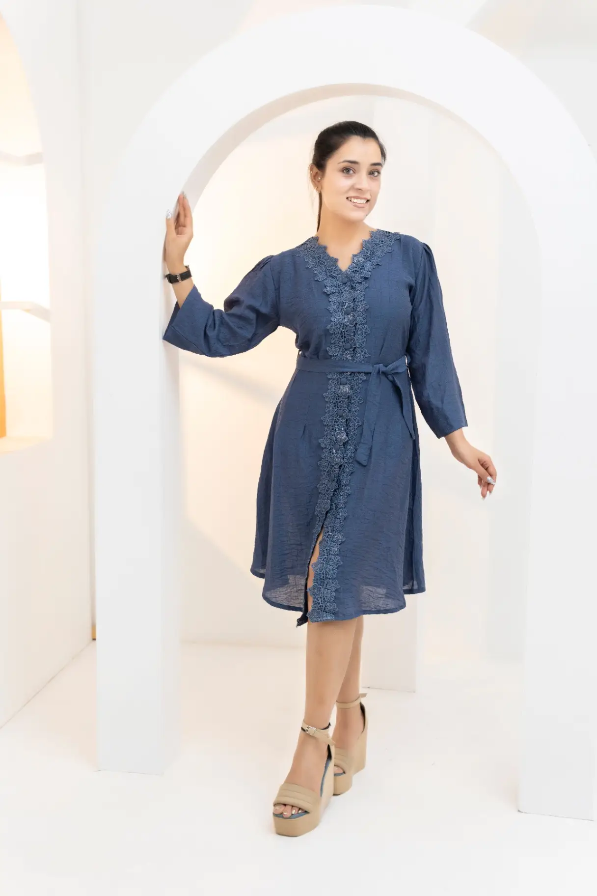 Slate Blue Belted Midi Dress with Tonal Lace Trim
