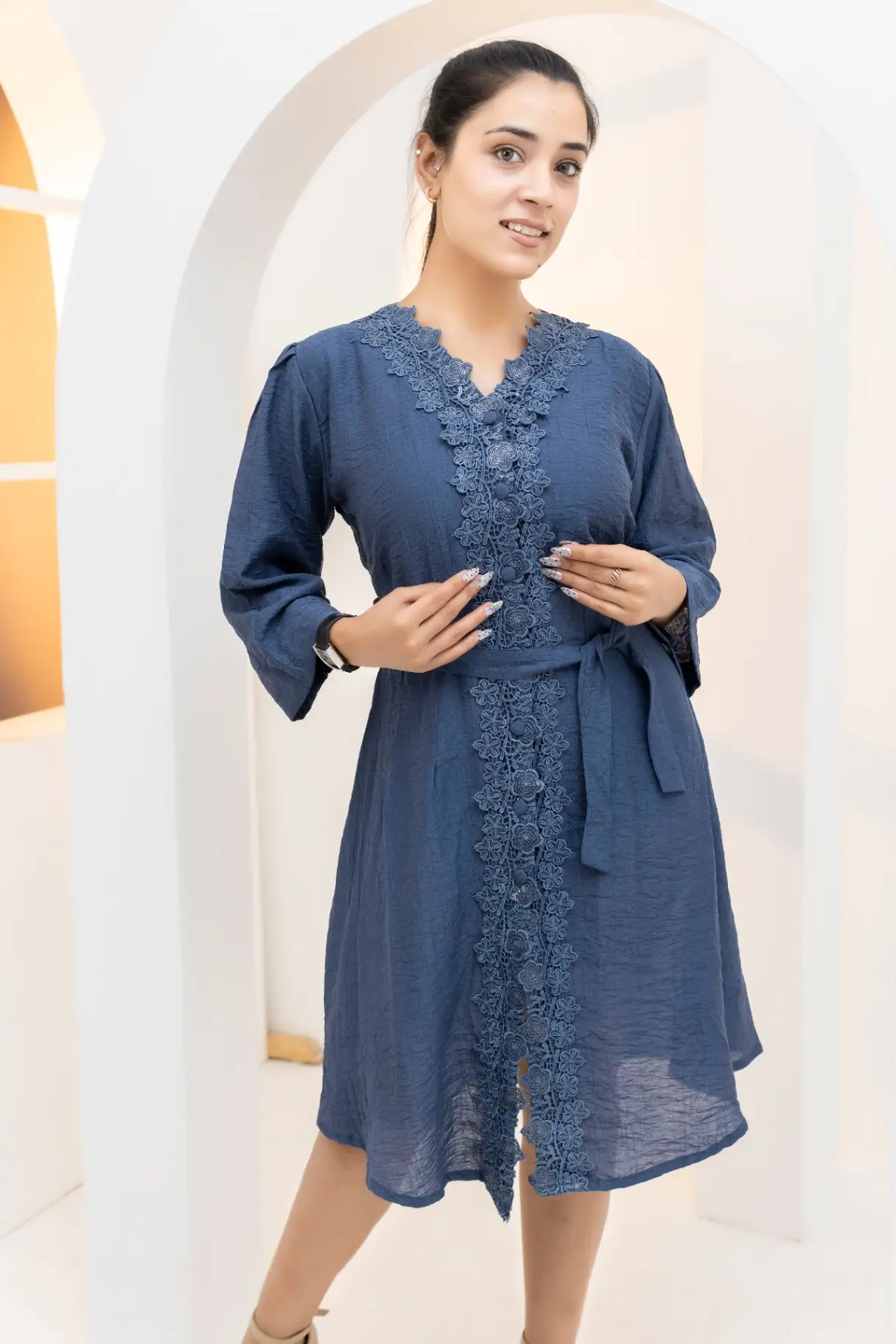 Slate Blue Belted Midi Dress with Tonal Lace Trim view 2