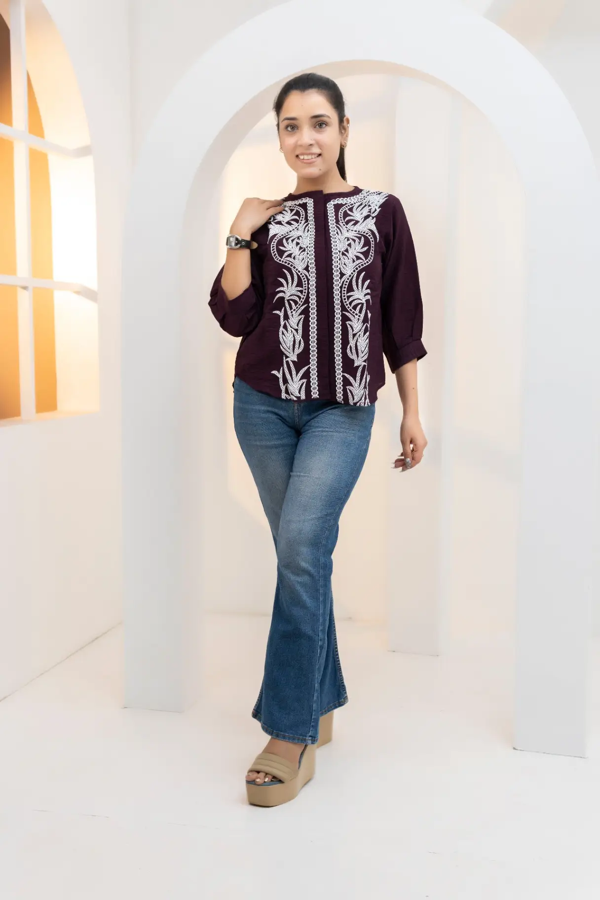 Deep Wine Top with White Botanical Panel Embroidery