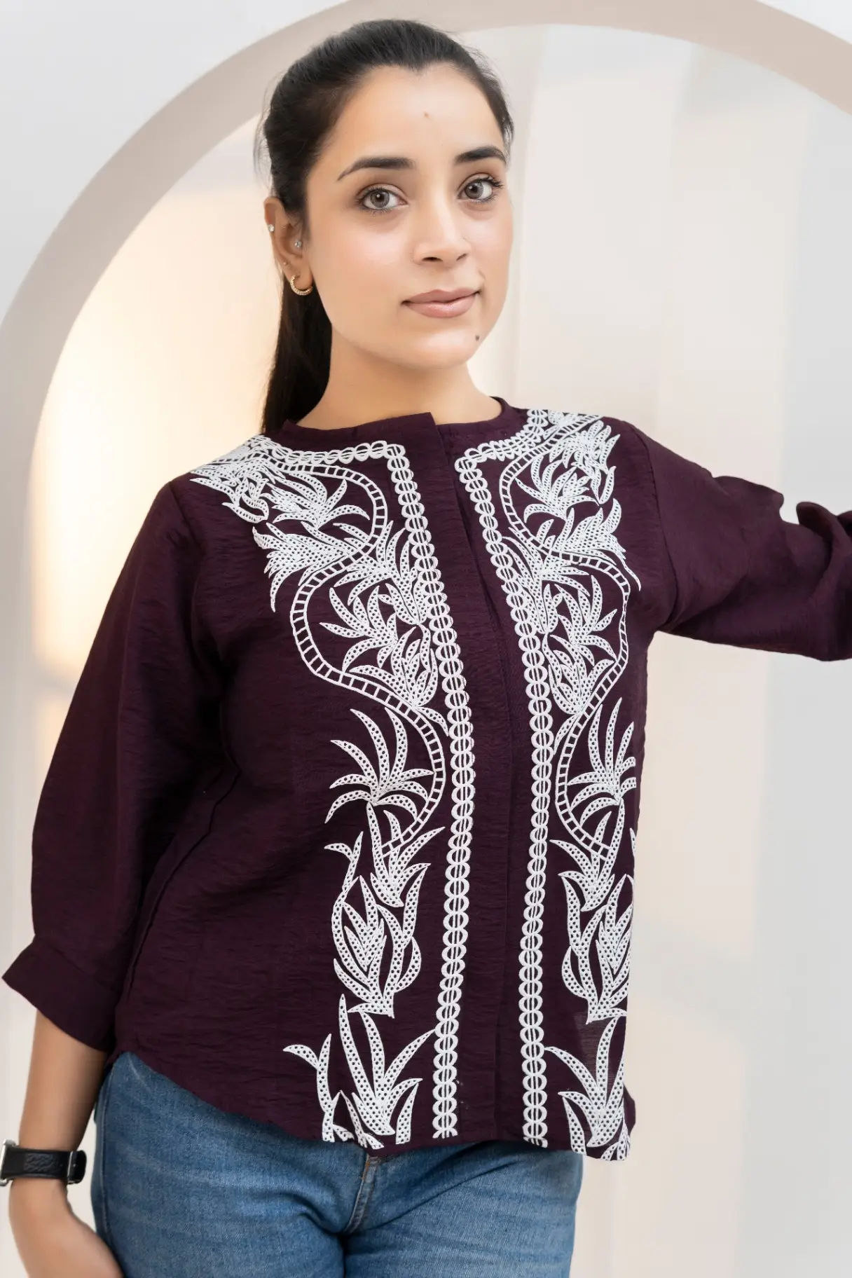 Deep Wine Top with White Botanical Panel Embroidery view 2