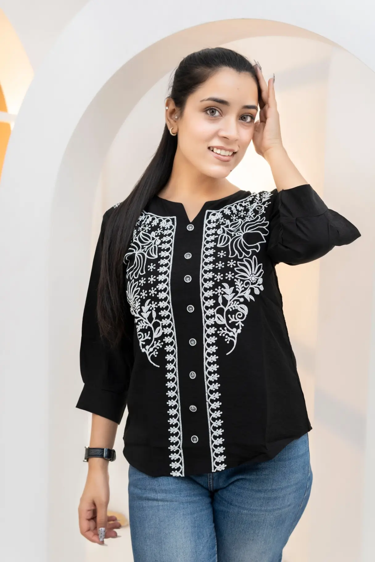 Black Top with White Botanical Panel Embroidery
