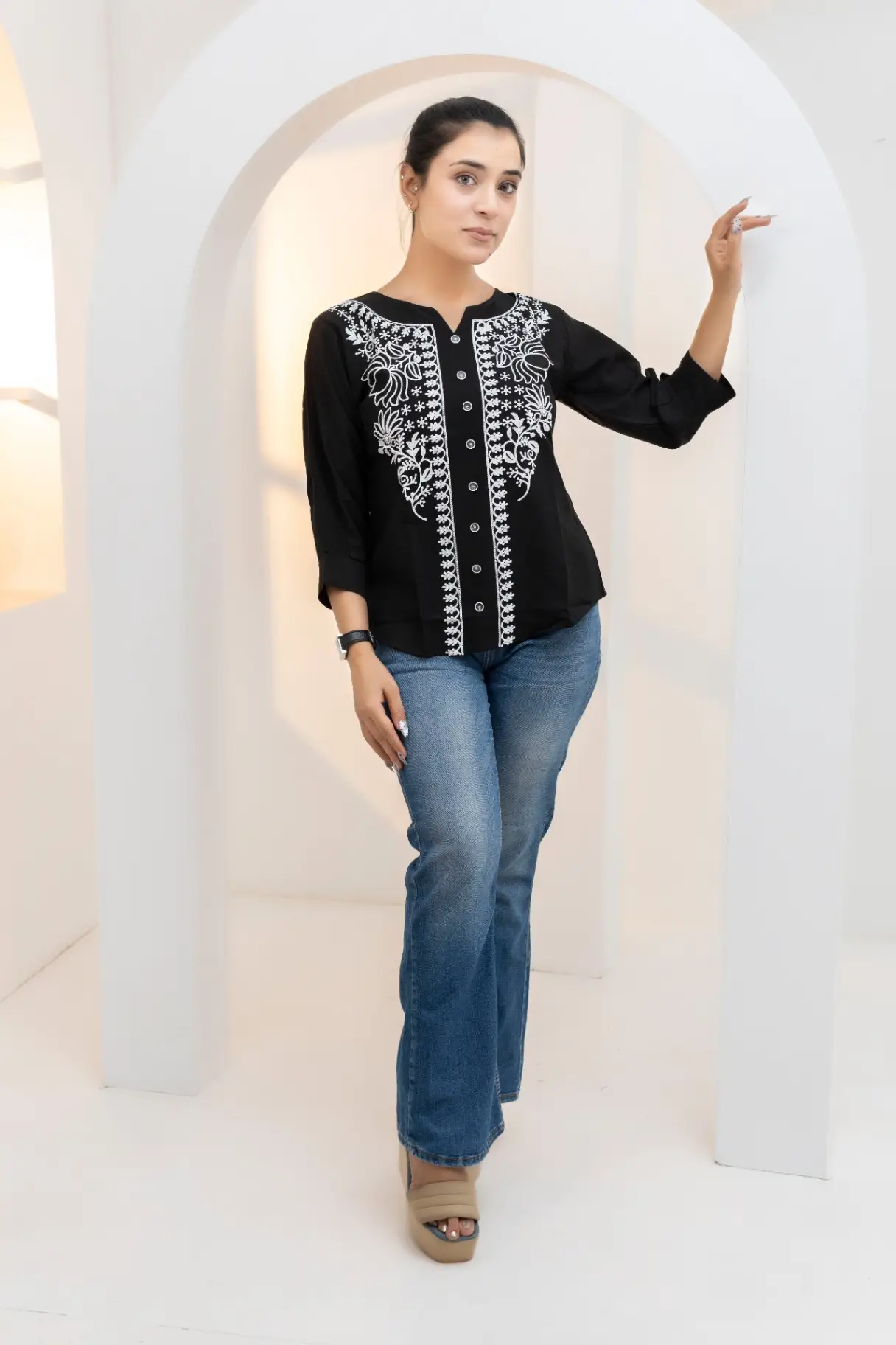 Black Top with White Botanical Panel Embroidery view 2