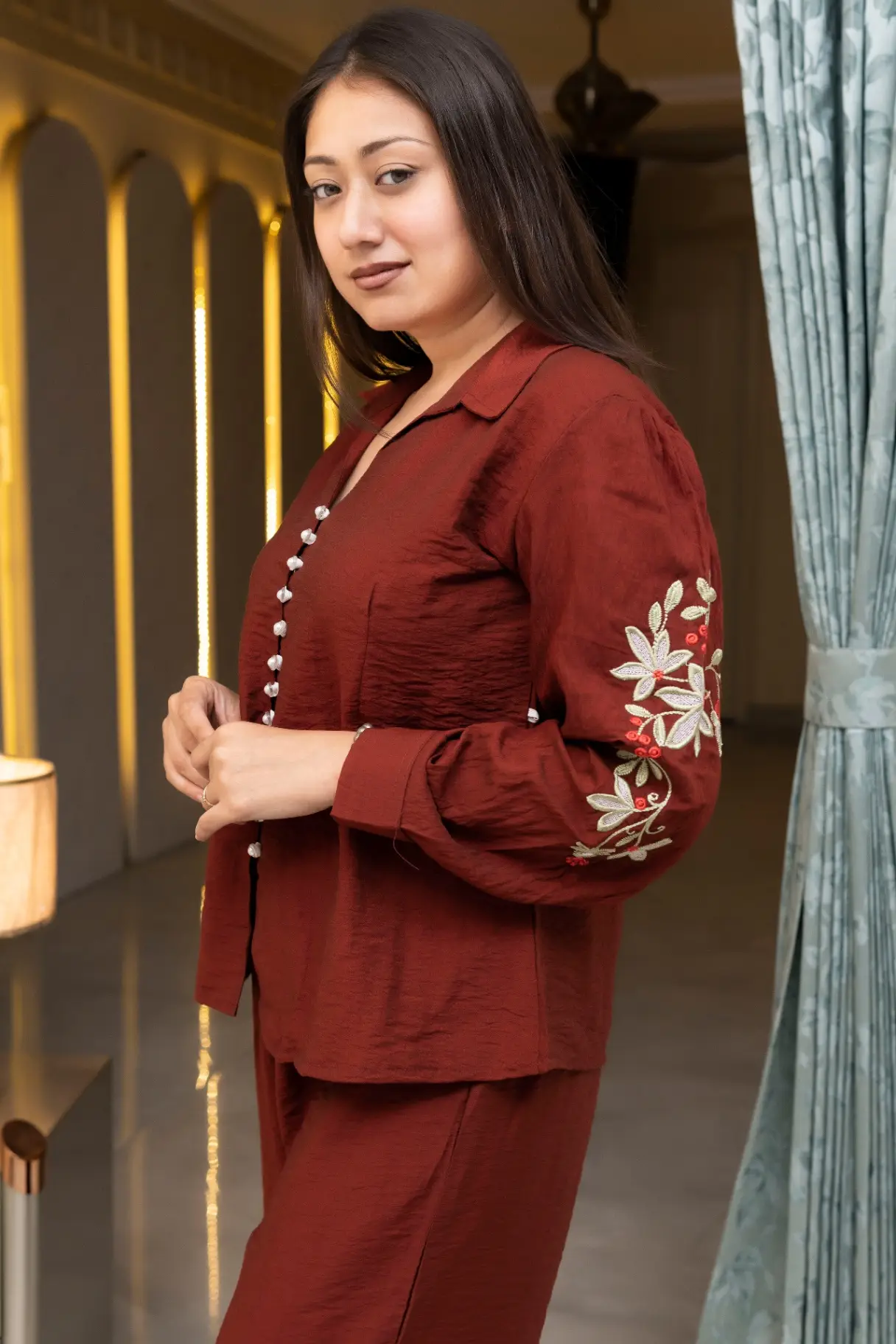 Rust Maroon Embroidered Sleeve Co-Ord Set view 2