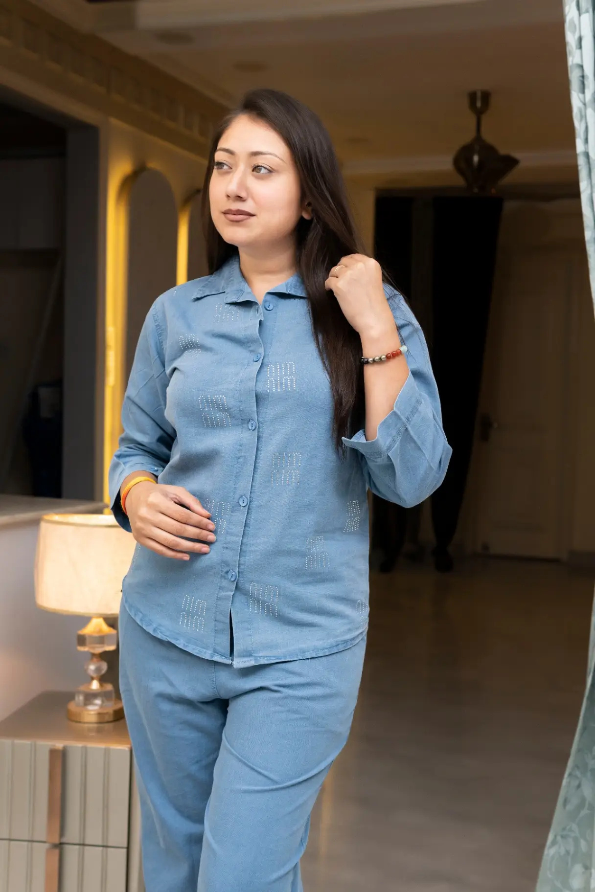 Denim-Blue Collared Loungewear Set with Diamante Squares view 2
