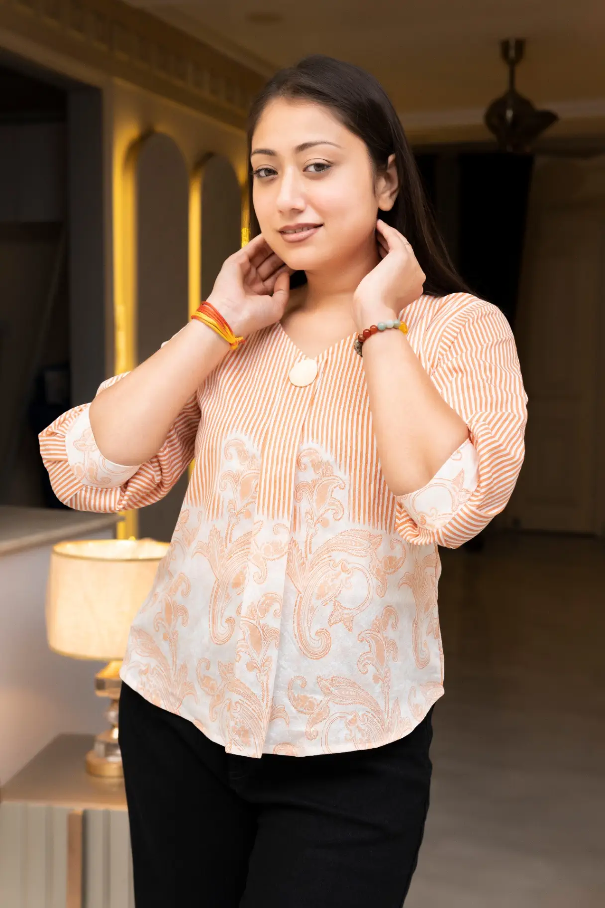 Peach Stripe and Paisley Fusion Tunic Top