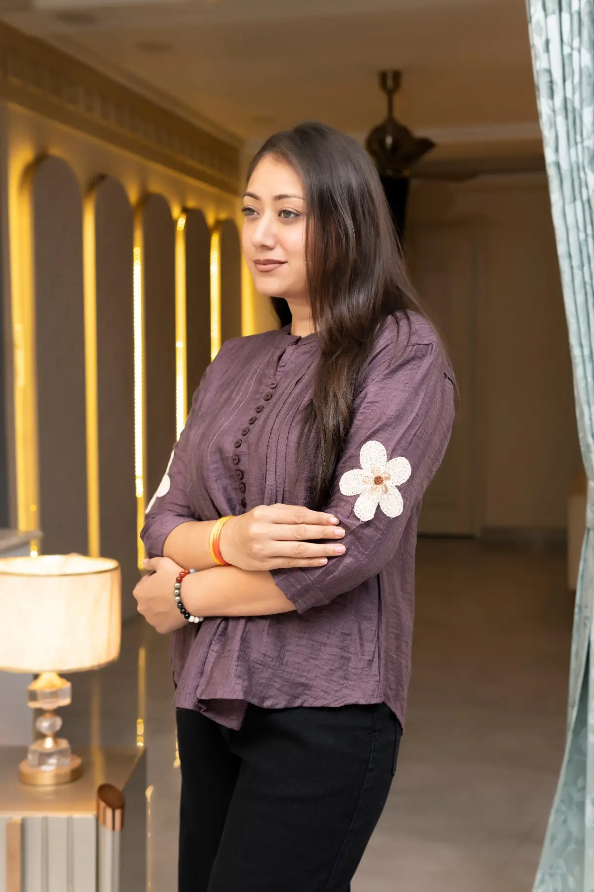 Mauve Slub-Textured Pleated Tunic Top view 2